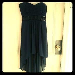 Dark Blue High Low Dress with Mesh Waist